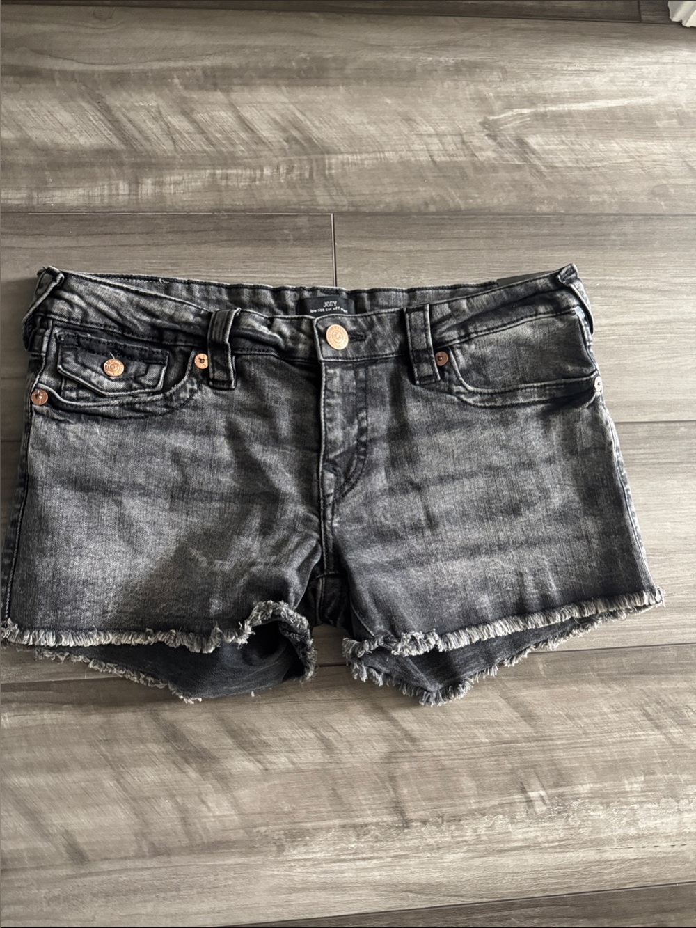 True Religion Joey low rise Black Frayed Hem Denim Shorts